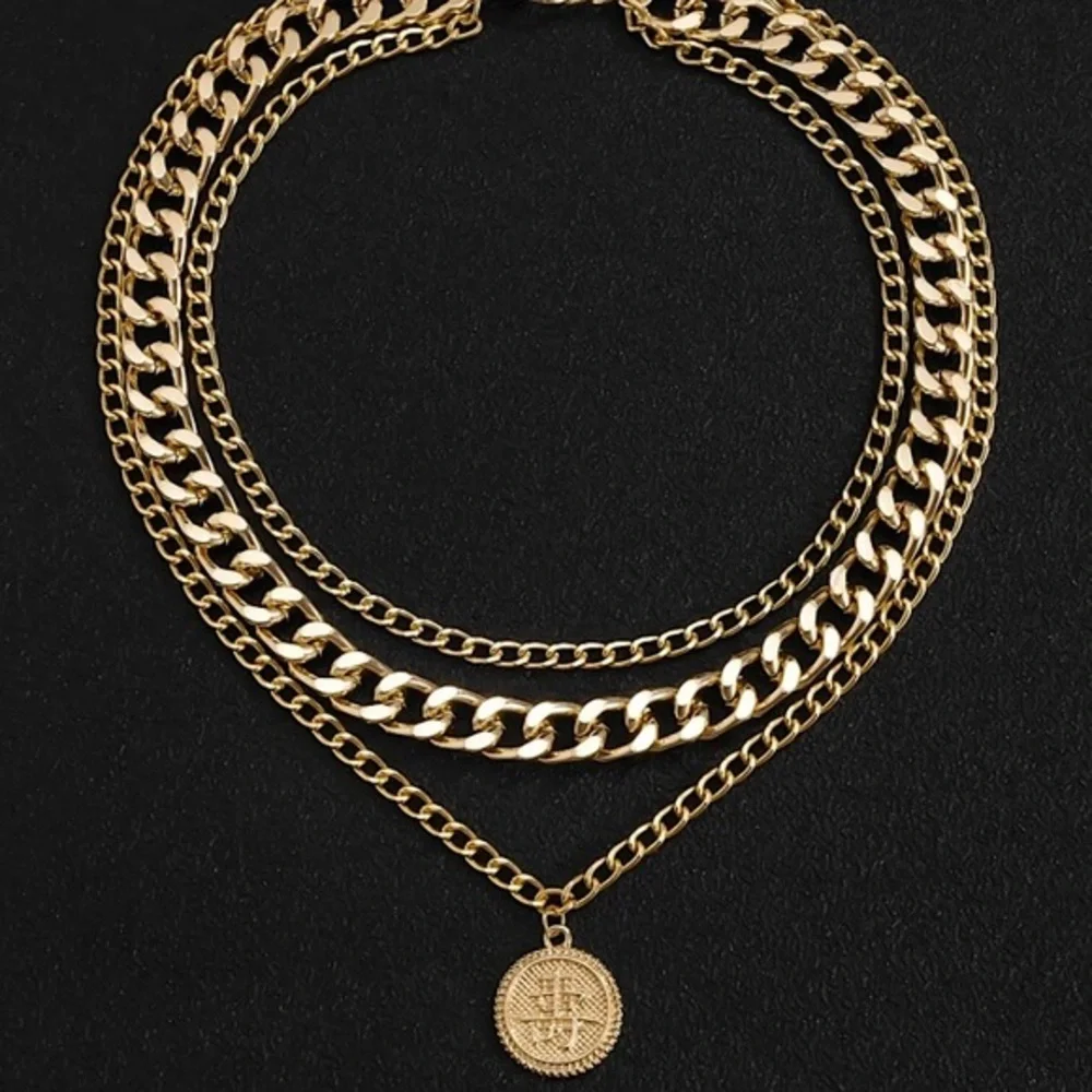 Gold Plated Round Charm Layered Necklace for Men - Picture 4 of 5